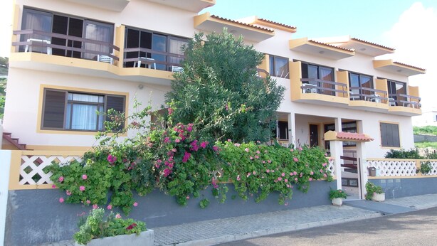 Ein Mehrfamilienhaus mit Balkonen, ein großer Baum mit rosa Blüten und ein befestigtes Eingangstor.