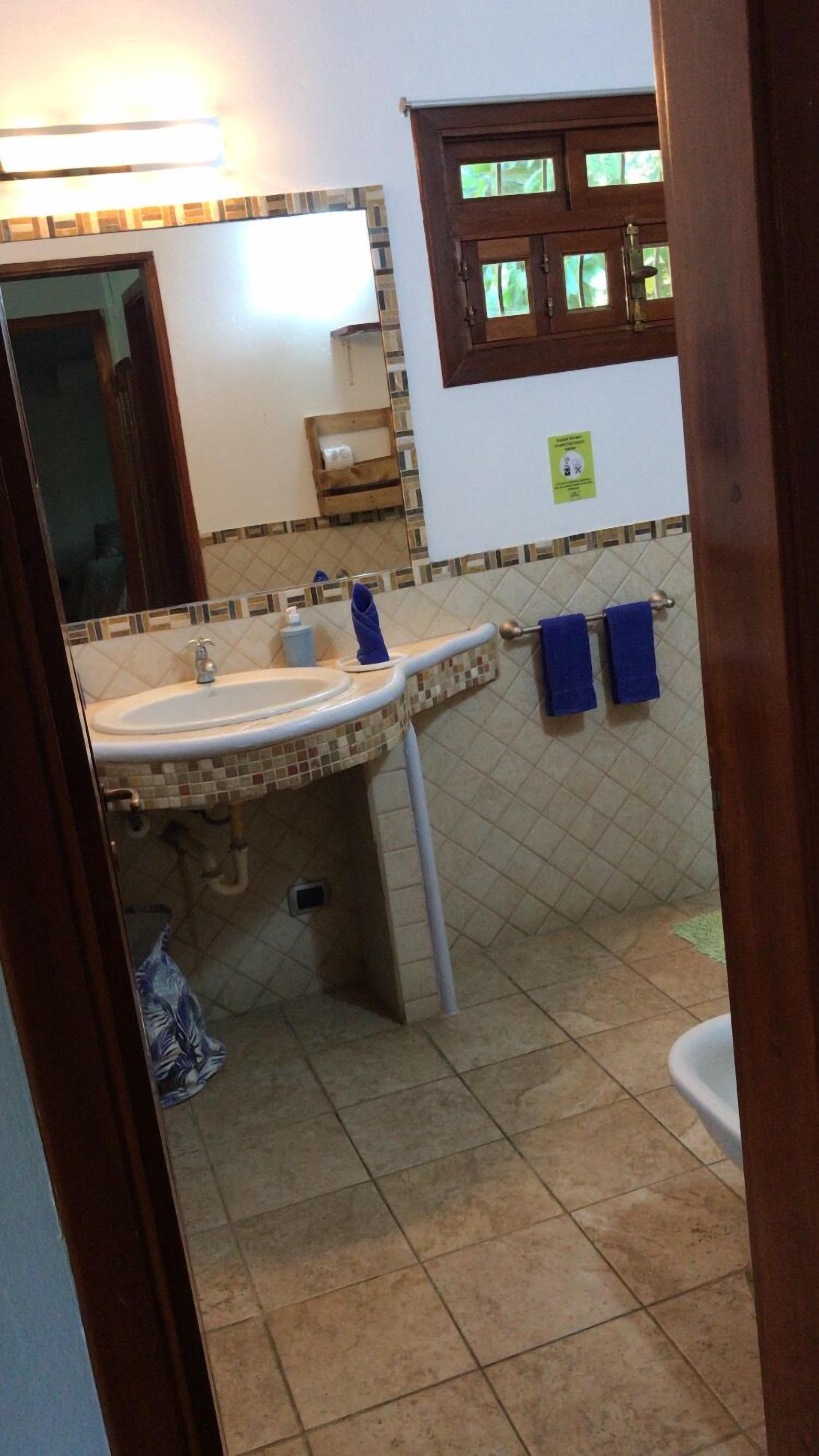 A bathroom with a sink, mirror, and window.