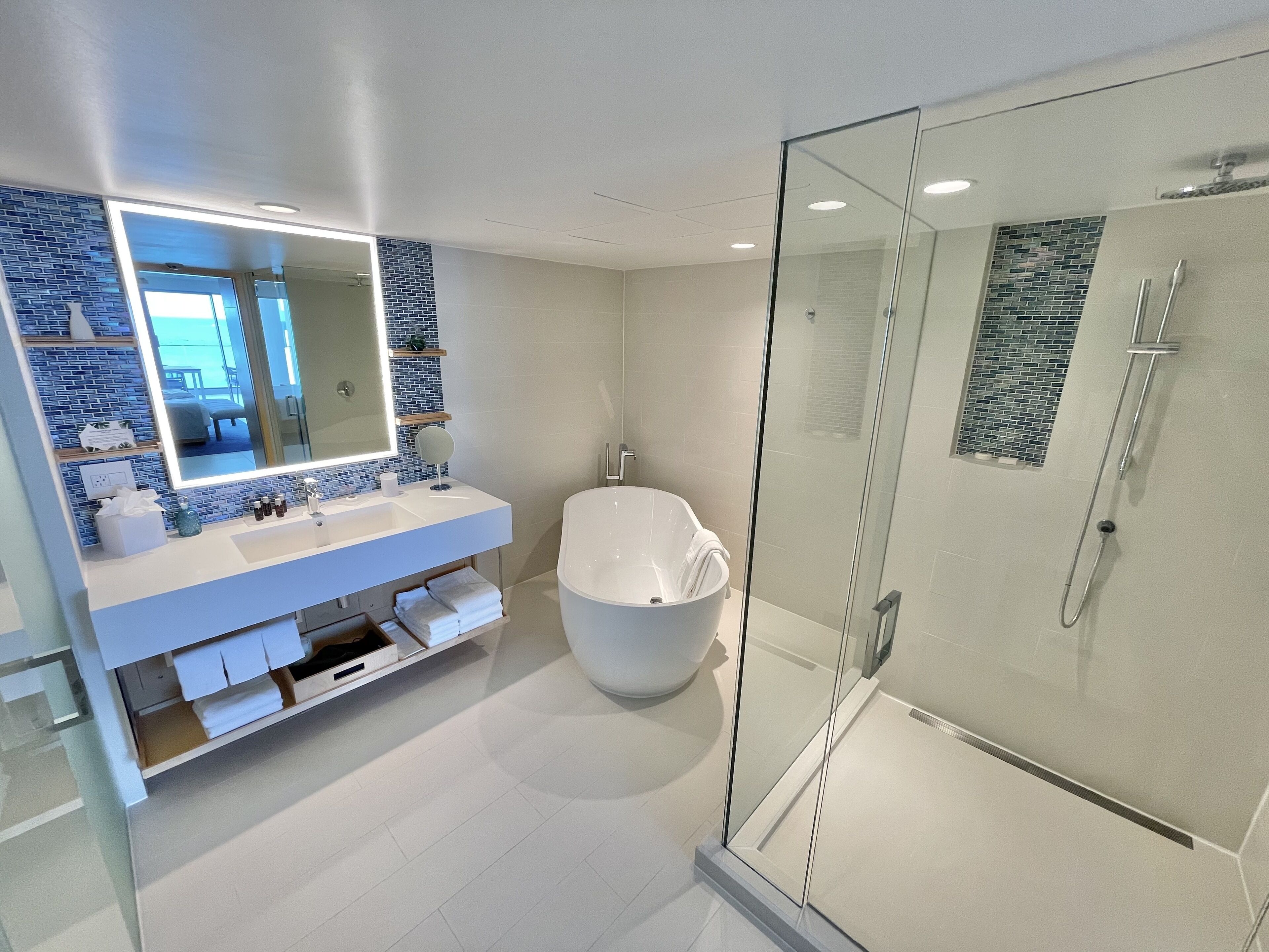 penthouse oceanfront suite | bathroom | shower, rainfall showerhead, designer toiletries, hair dryer