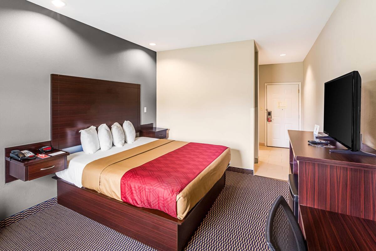 A hotel room with a large bed, a TV, a desk, and a chair.
