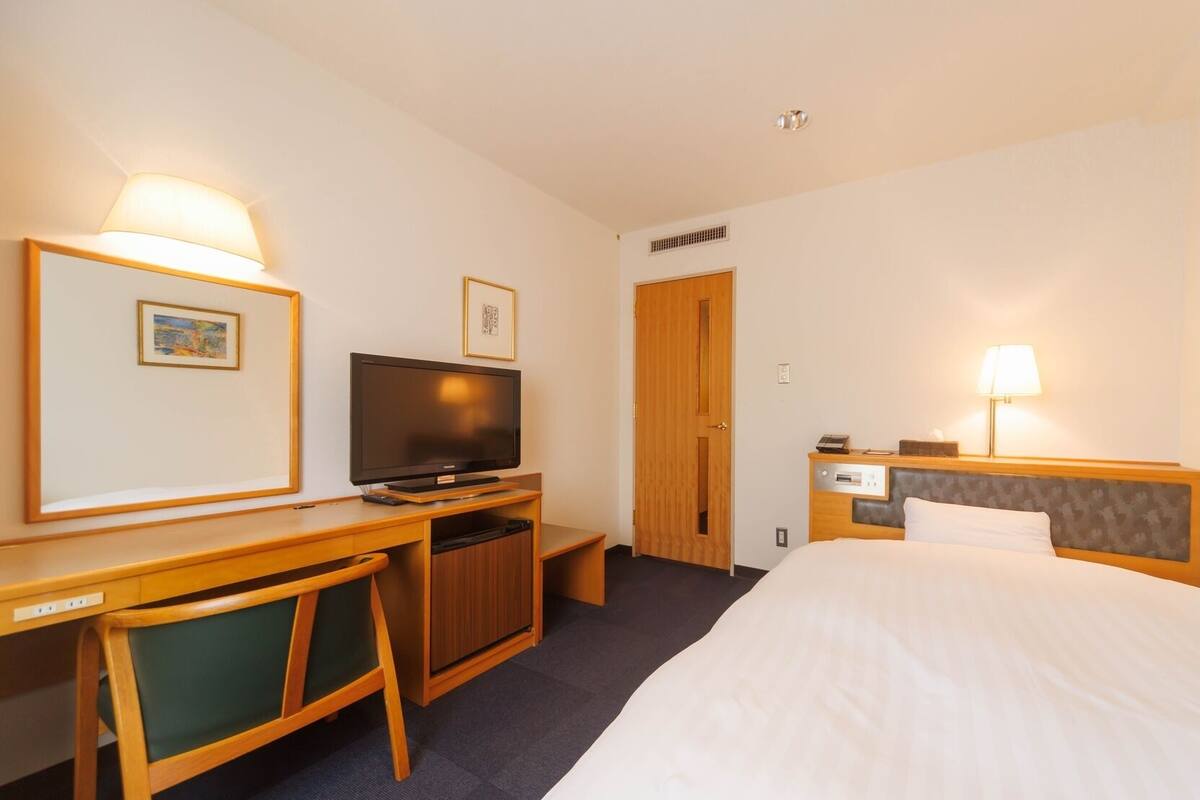 Una habitación de hotel con cama, escritorio, televisión y una puerta.