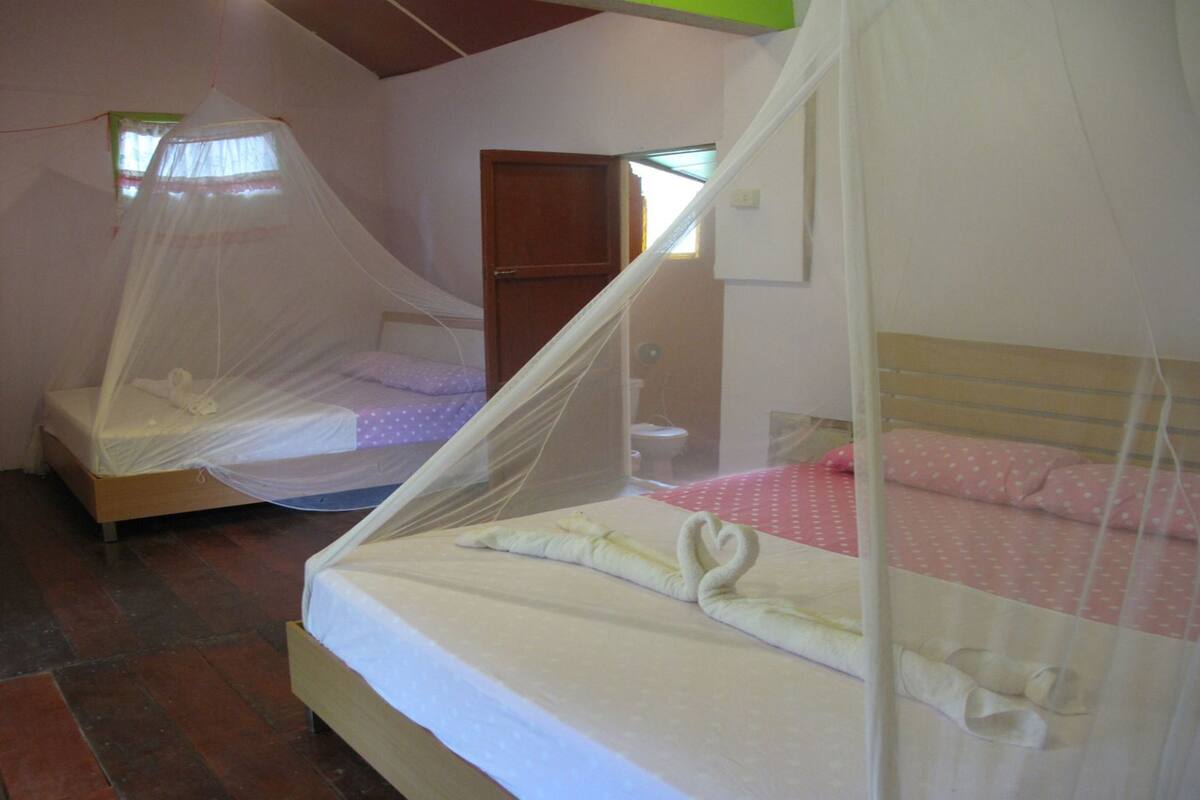 Een slaapkamer met twee bedden, elk voorzien van een klamboe, houten hoofdeinden en een klein raam.