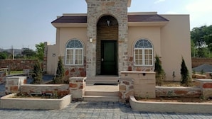 A two-story house with a stone facade, a green door, and two arched windows.