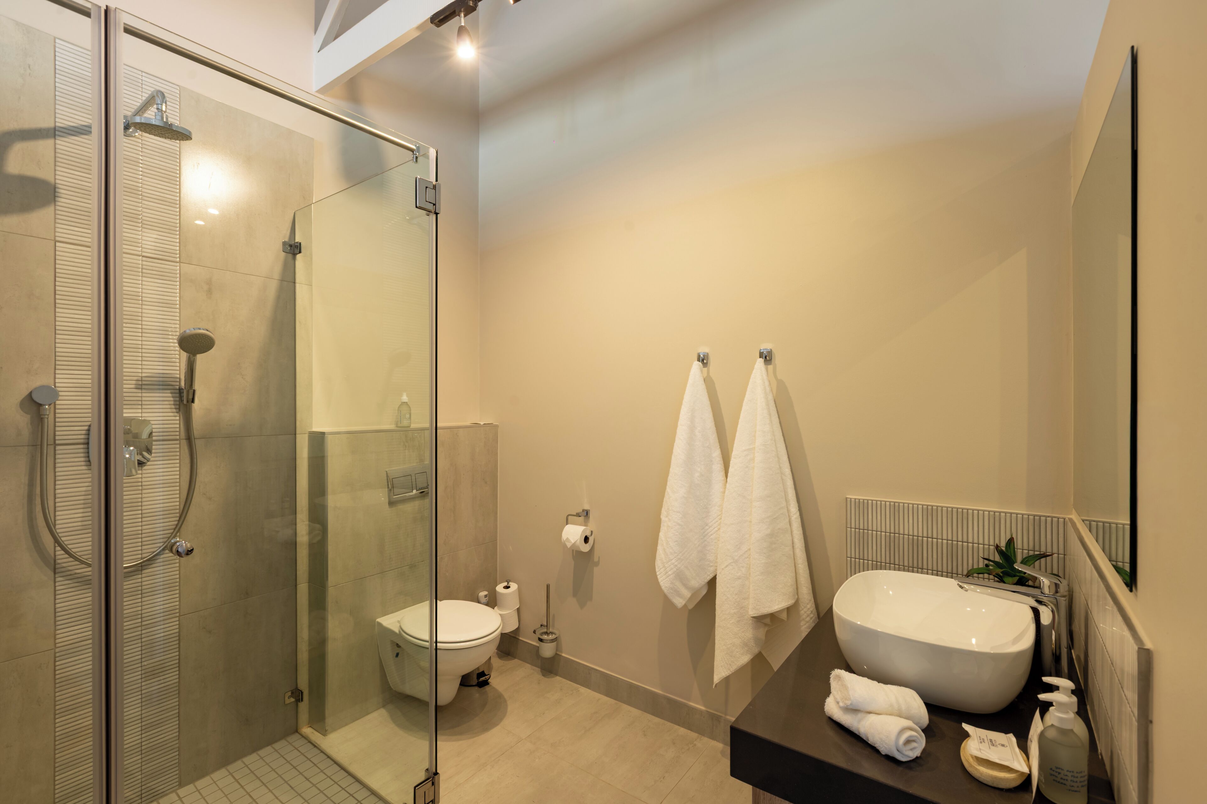 A modern bathroom with a glass-enclosed shower, a toilet, a sink with a mirror, and two towels hanging on hooks.