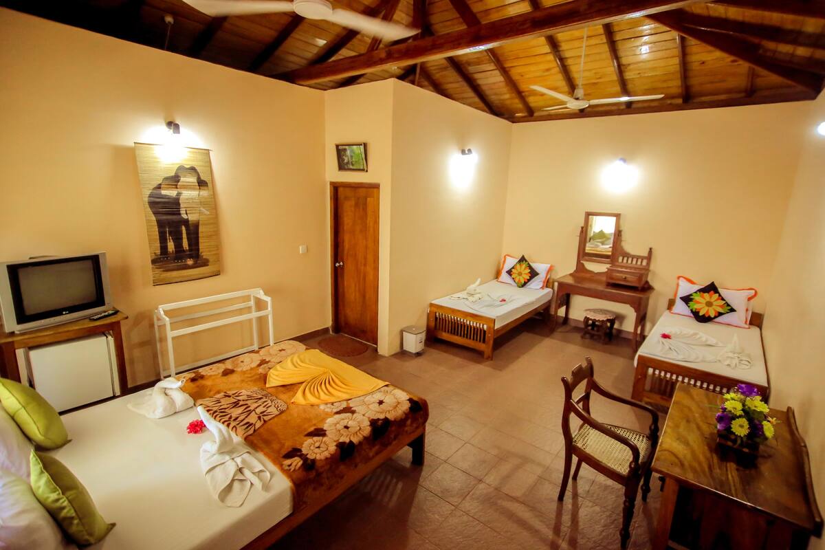 A hotel room with two single beds, a desk with a chair, a television, and a ceiling fan.