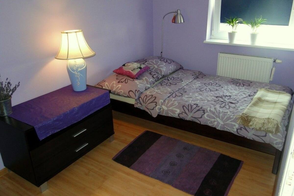 Une chambre à coucher comprenant un lit, une table de chevet, une lampe, un radiateur, une fenêtre avec des plantes et un petit tapis.
