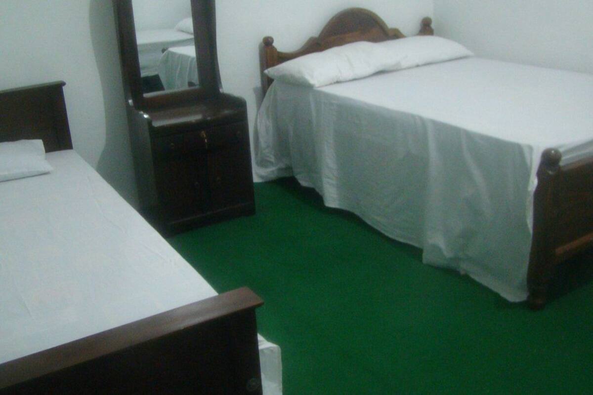 A room with two single beds, a wooden dresser, a mirror, and a green carpet.