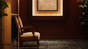 A lobby with a framed picture on the wall, a standing lamp, a chair, and a potted plant. - Viale Osaka (Osaka)