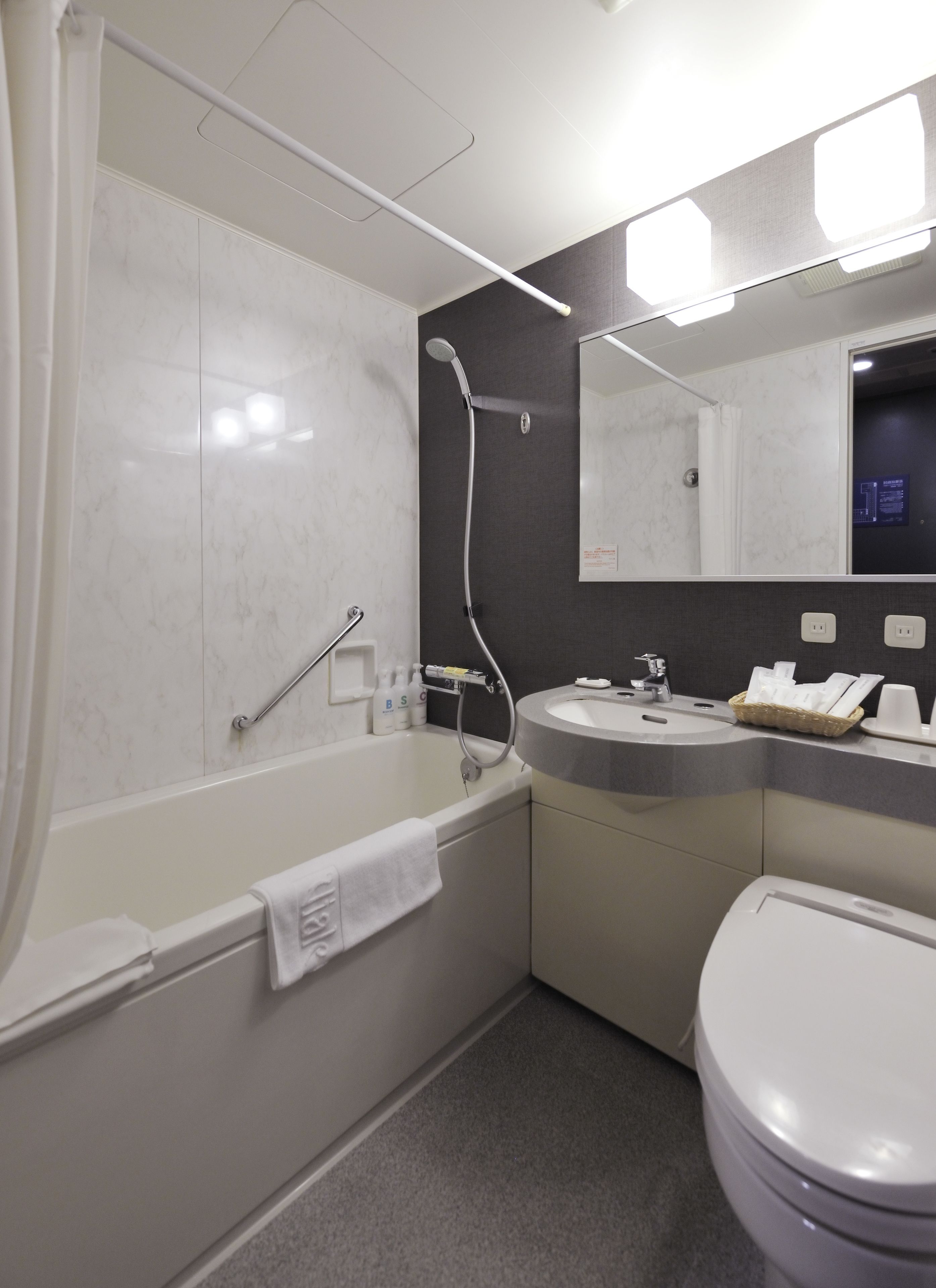 combined shower/bathtub, deep-soaking bathtub, free toiletries