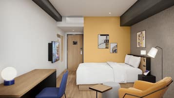 Desk, blackout drapes, soundproofing, iron/ironing board