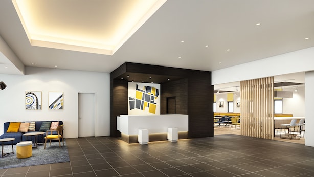 A modern lobby with a reception desk, seating area, and a dining space. - City Express By Marriott Osaka Shin-Imamiya (Osaka)