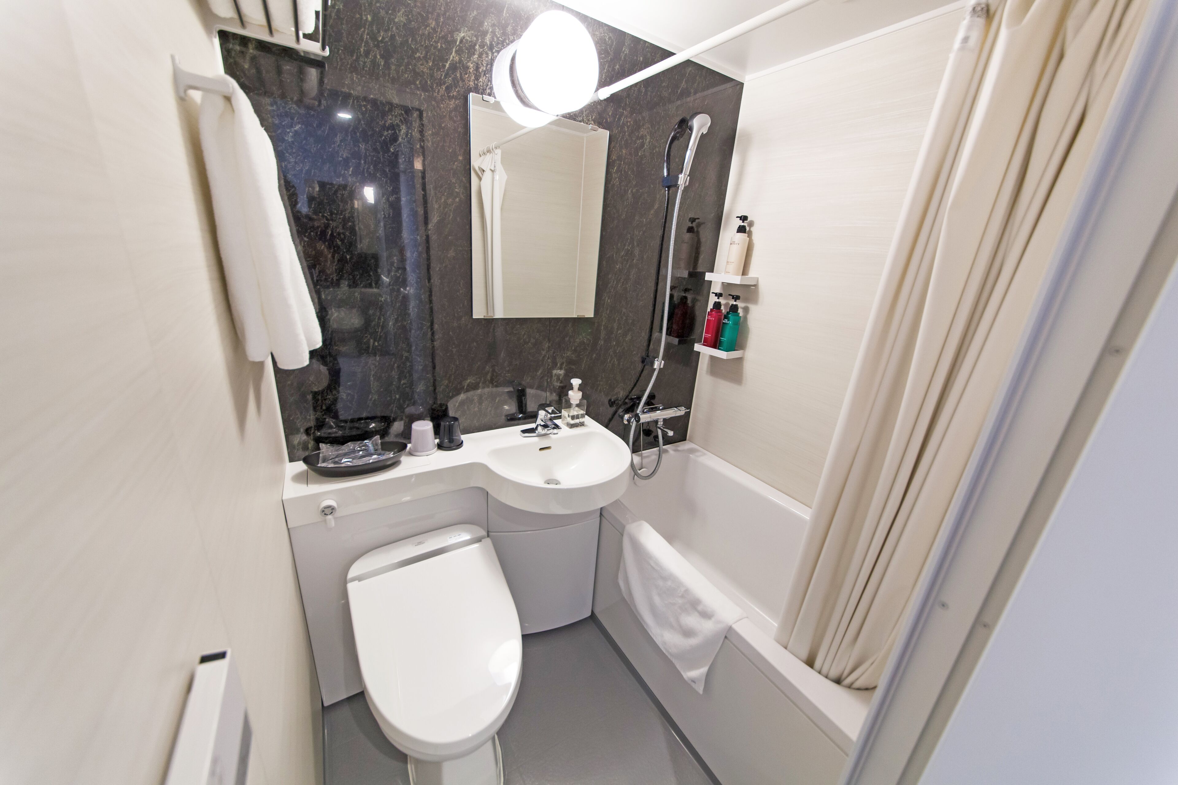 combined shower/bathtub, free toiletries, hair dryer, slippers