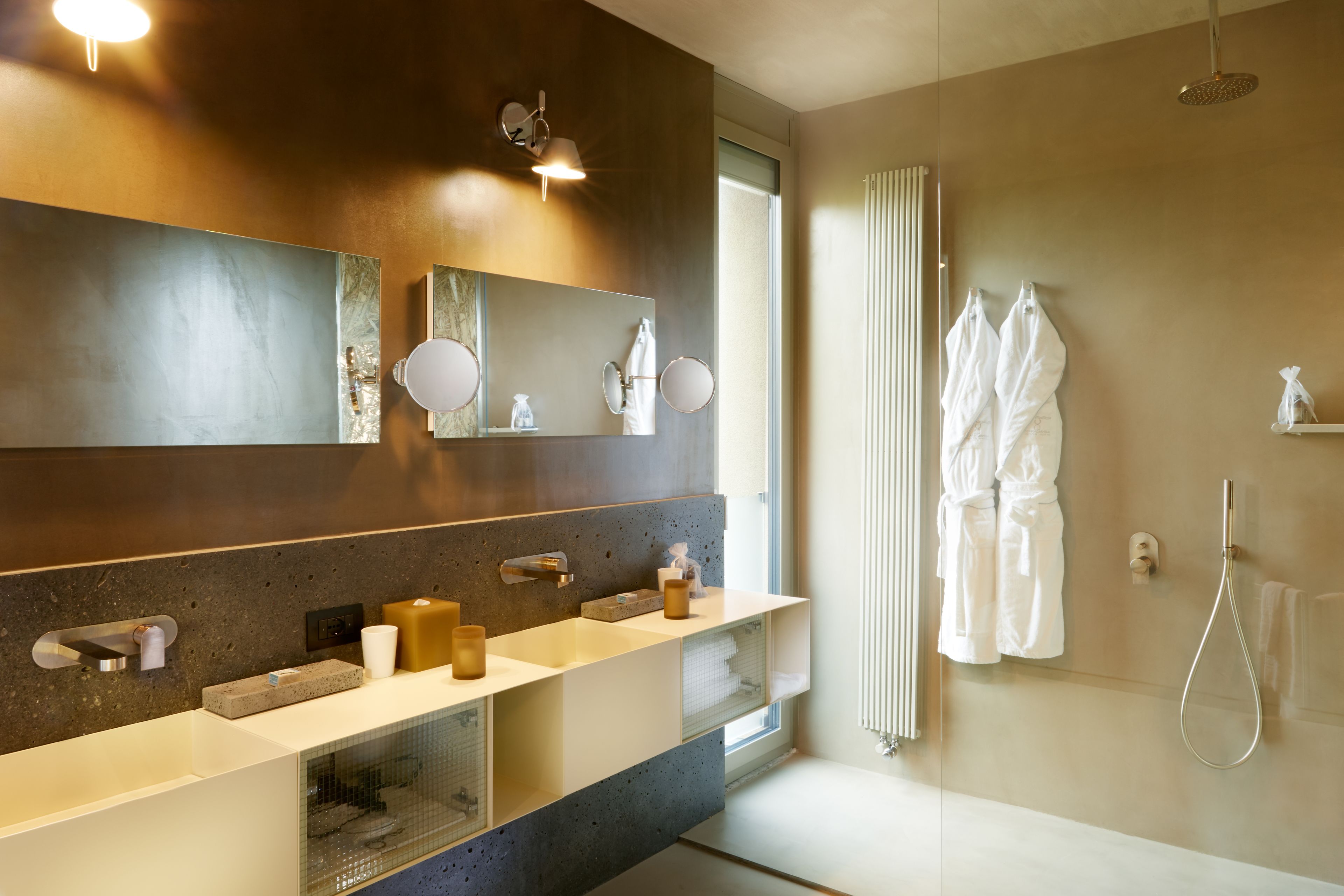 designer toiletries, hair dryer, bathrobes, slippers