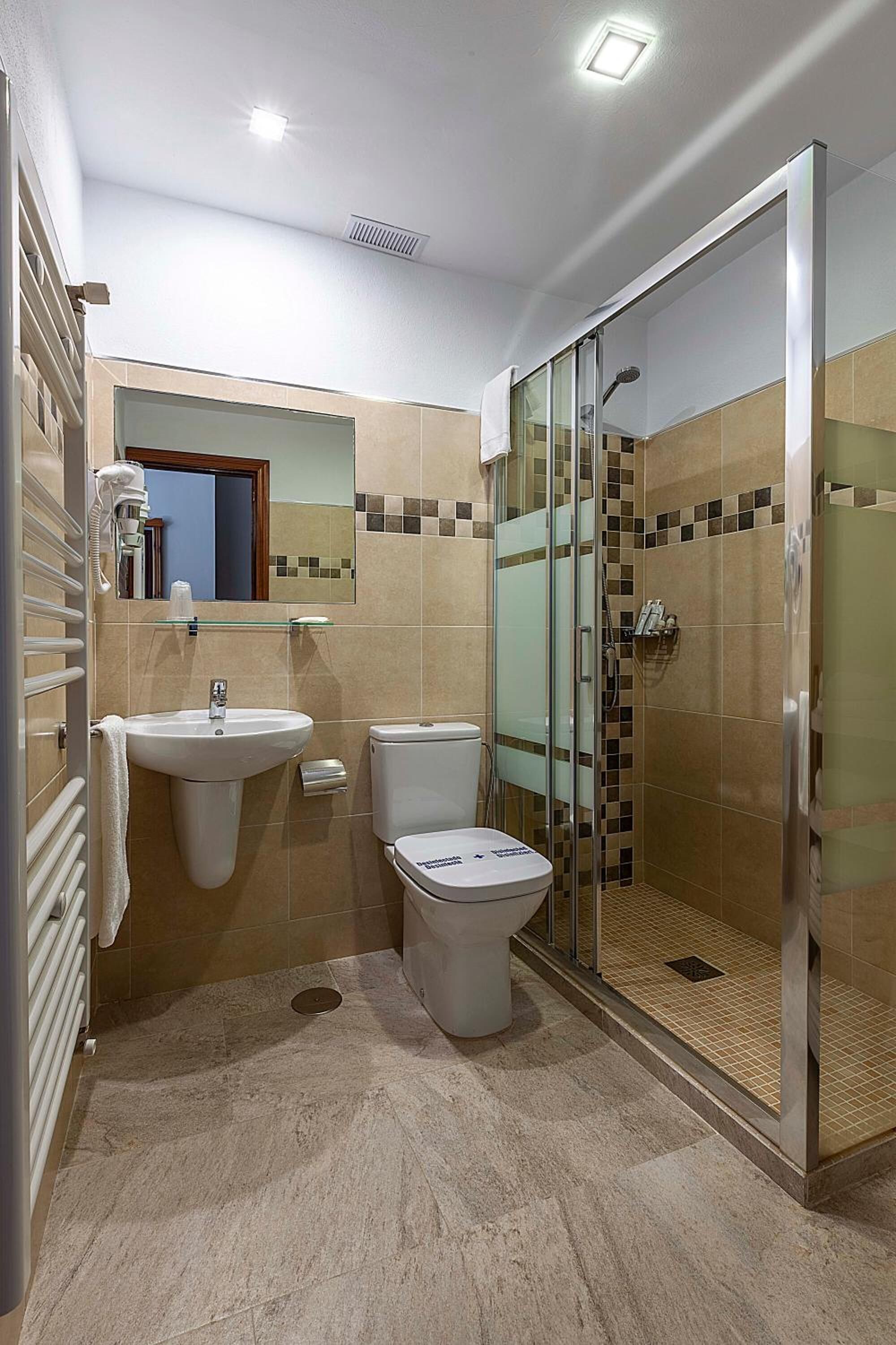 shower, free toiletries, hair dryer, towels