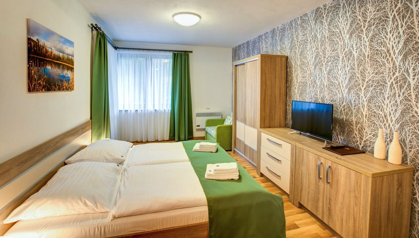 Habitación de hotel con cama, televisor, armario y escritorio.