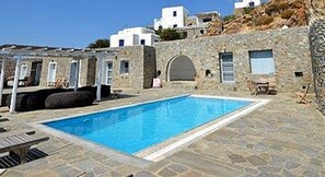 Outdoor pool, pool umbrellas, pool loungers