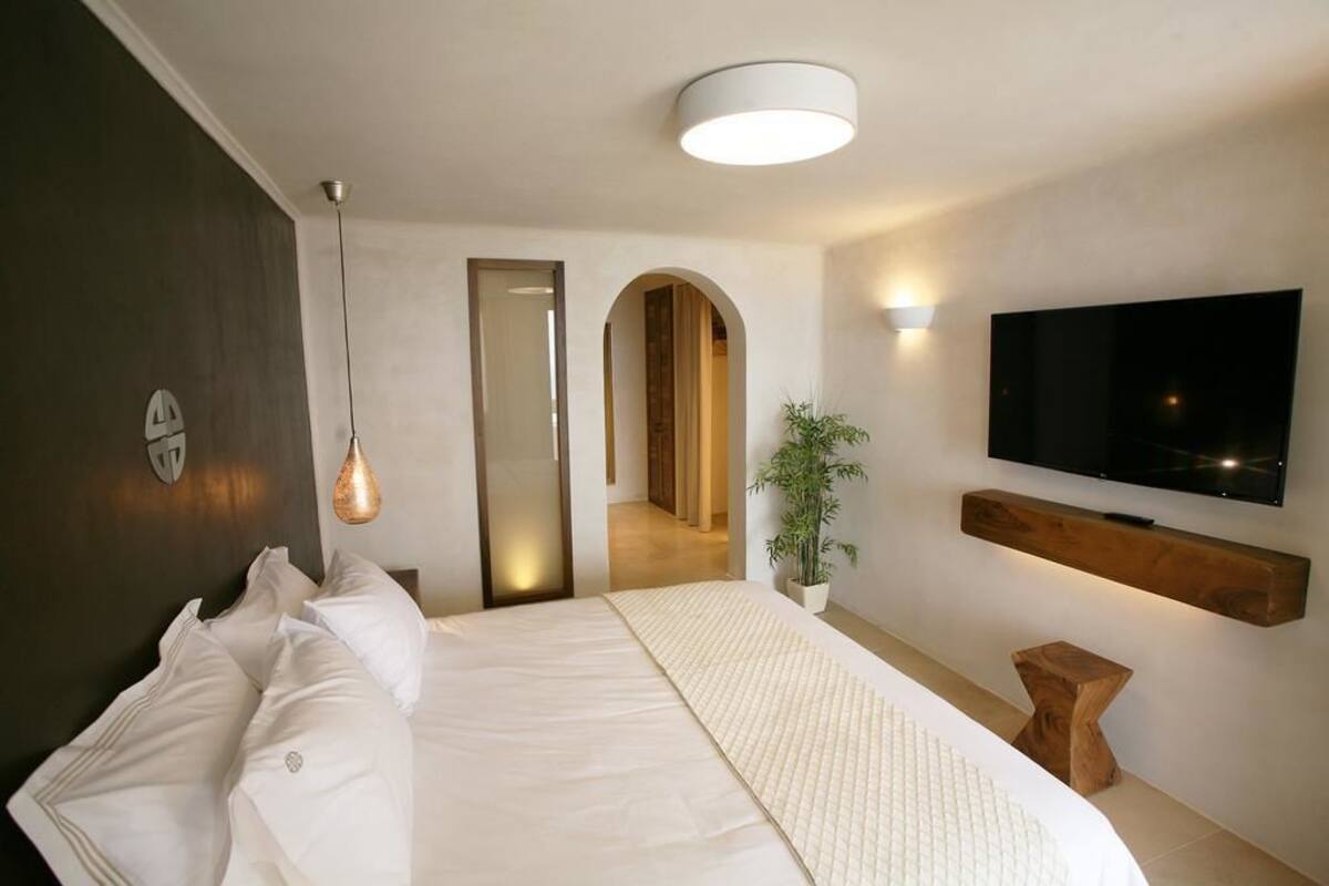 A modern hotel room with a large bed, a flat-screen TV mounted on the wall, a bedside table, and a potted plant.