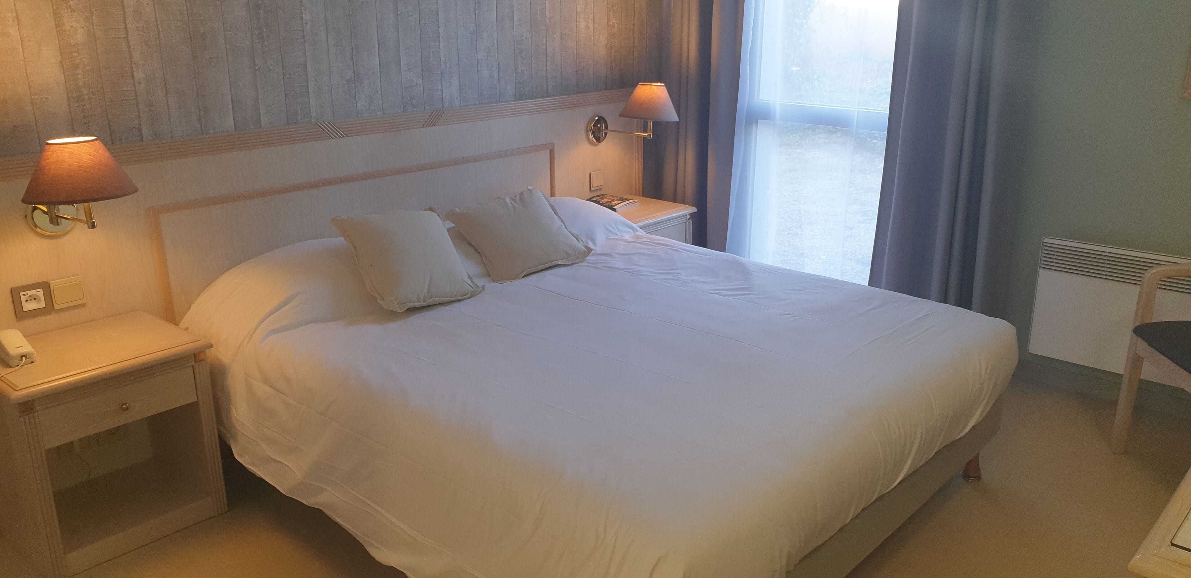 Individually decorated, desk, laptop workspace, blackout drapes