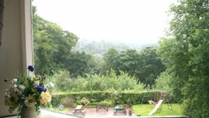 A view of a garden with a swing set and a slide.