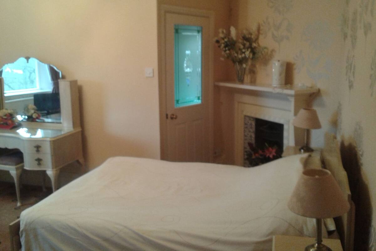 A bedroom with a bed, dresser, mirror, and a fireplace.