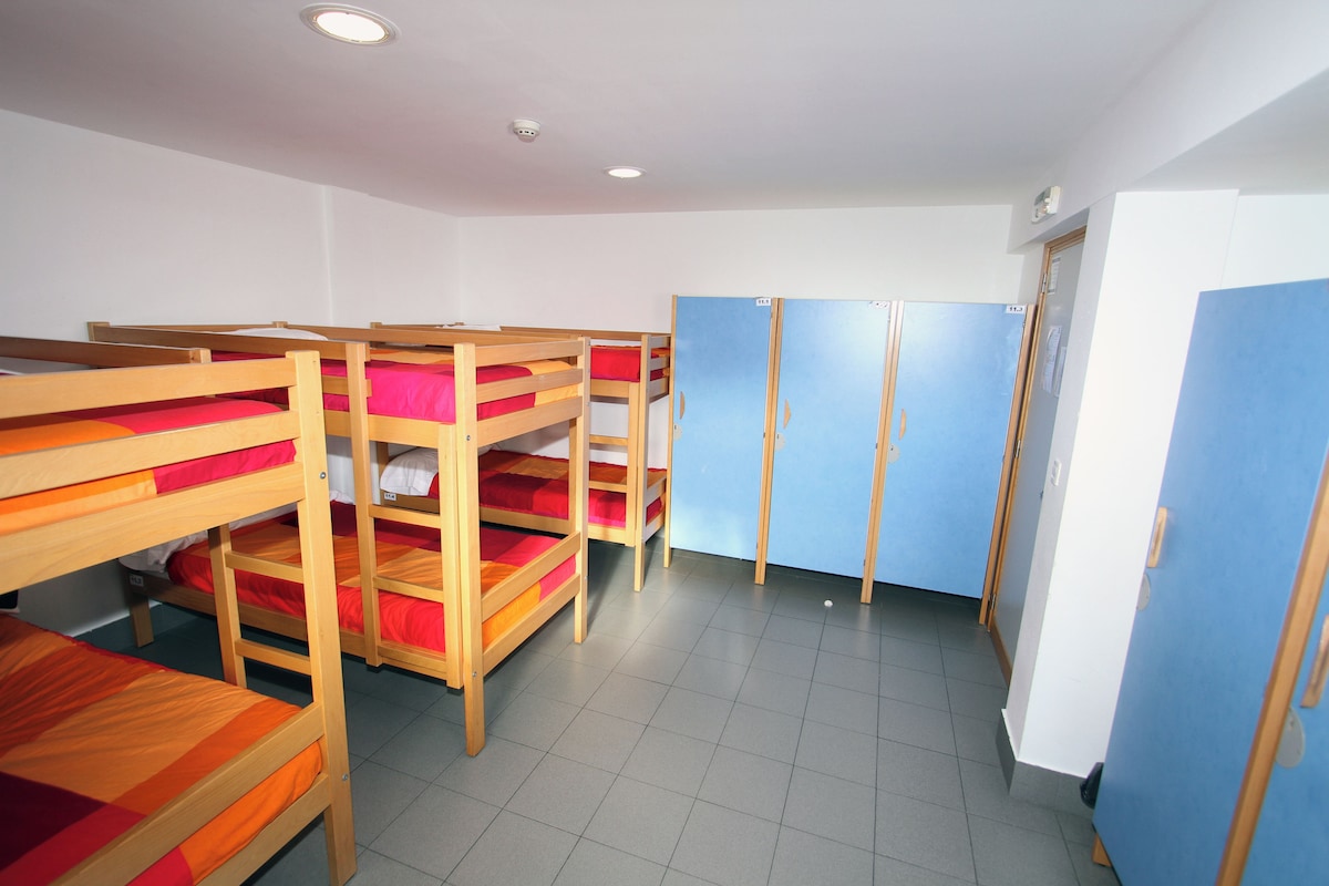 Asuntolan huone, jossa on kerrossängyt, vaatekaappi ja ovi.