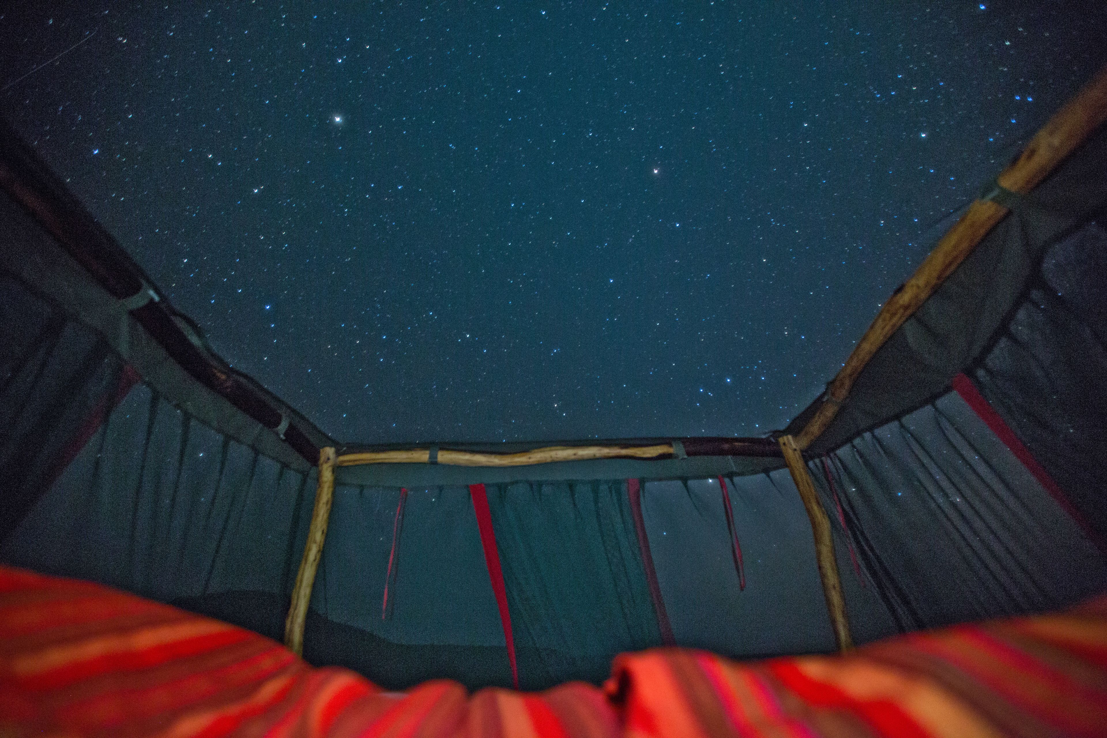 Una tienda de campaña con vistas al cielo estrellado.