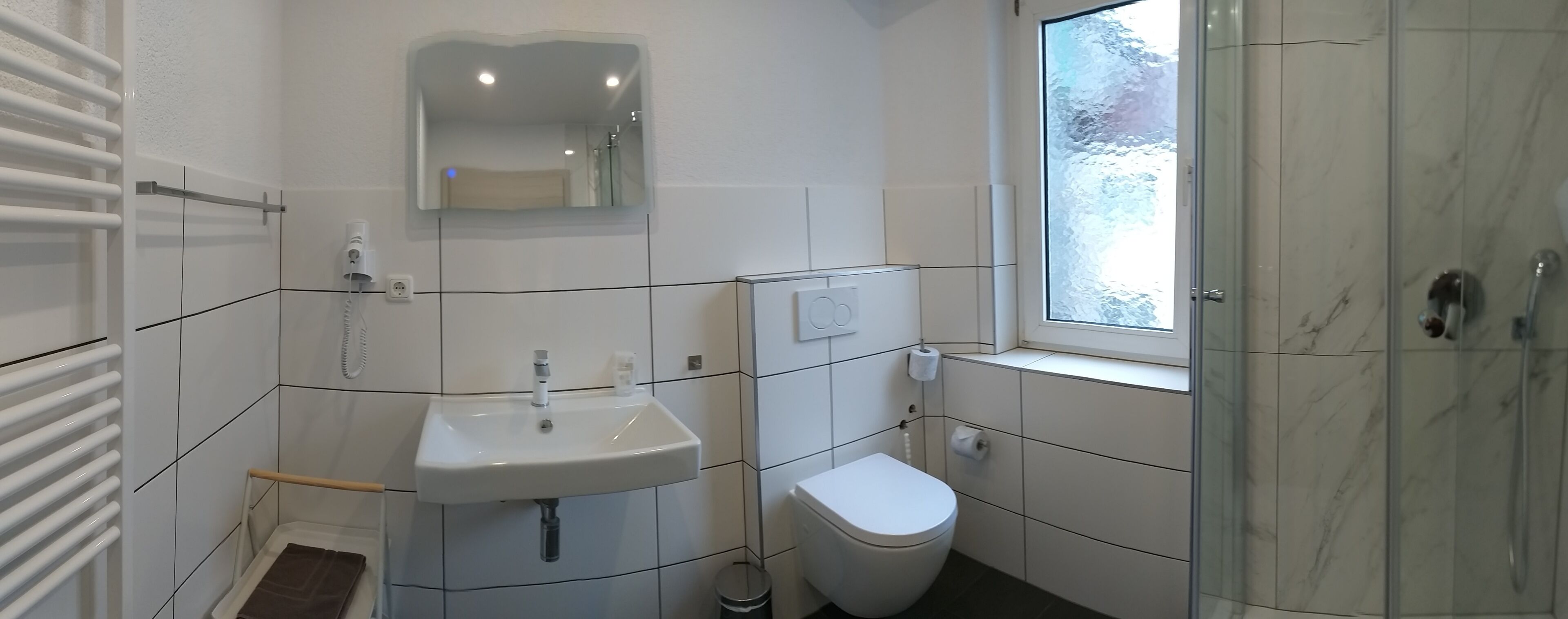 single room | bathroom | shower, hair dryer, towels