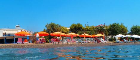 A beachside area with sun loungers and umbrellas, a clear blue sky, and a calm sea.