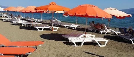 Beach nearby, sun loungers, beach umbrellas