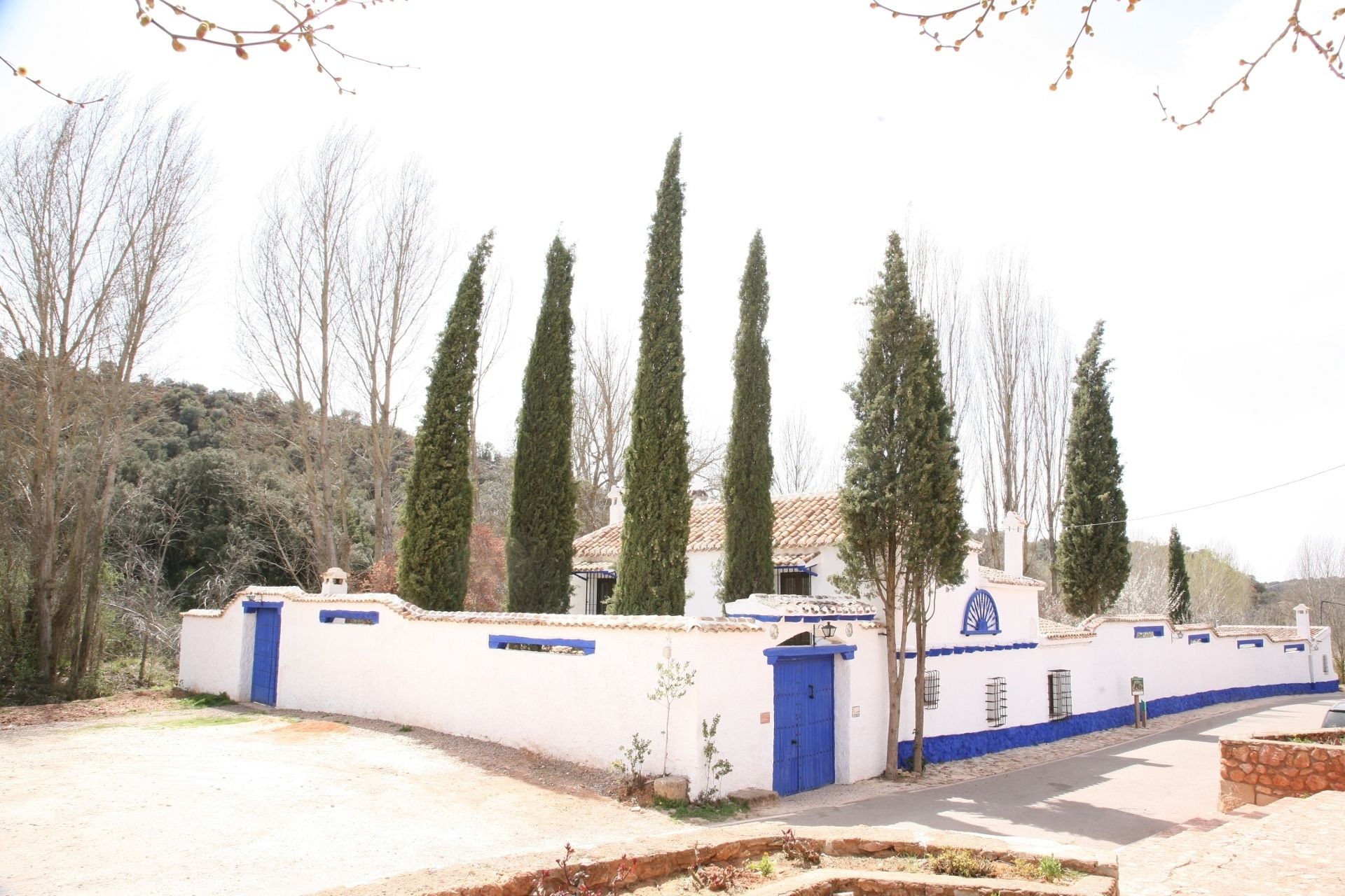 A white building with blue doors and windows, surrounded by tall cypress trees.