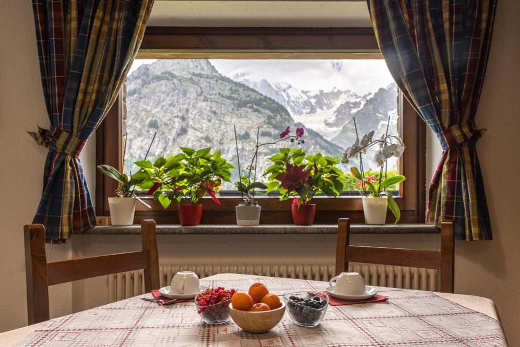 Una mesa de comedor con vistas a montañas a través de una ventana, rodeada de plantas en macetas.