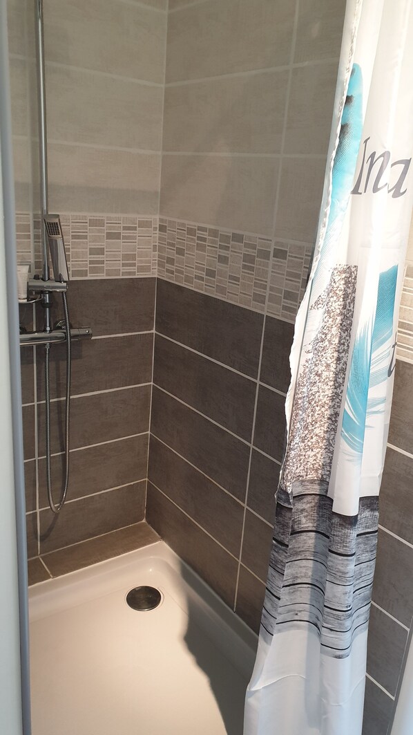 A shower area with a glass door, a showerhead, and a drain. - Château Puygrenier (Villefranche-de-Lonchat)
