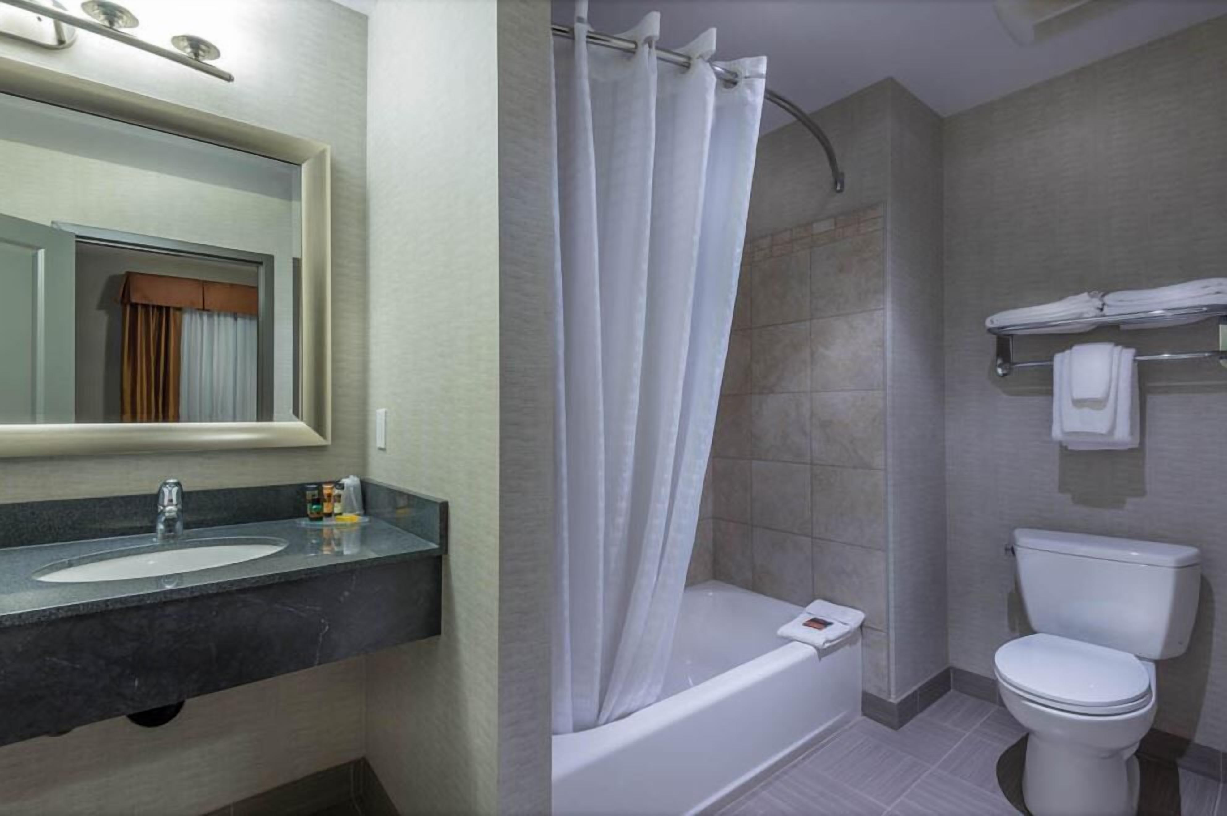 combined shower/bathtub, free toiletries, towels