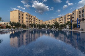Outdoor pool, pool umbrellas, pool loungers