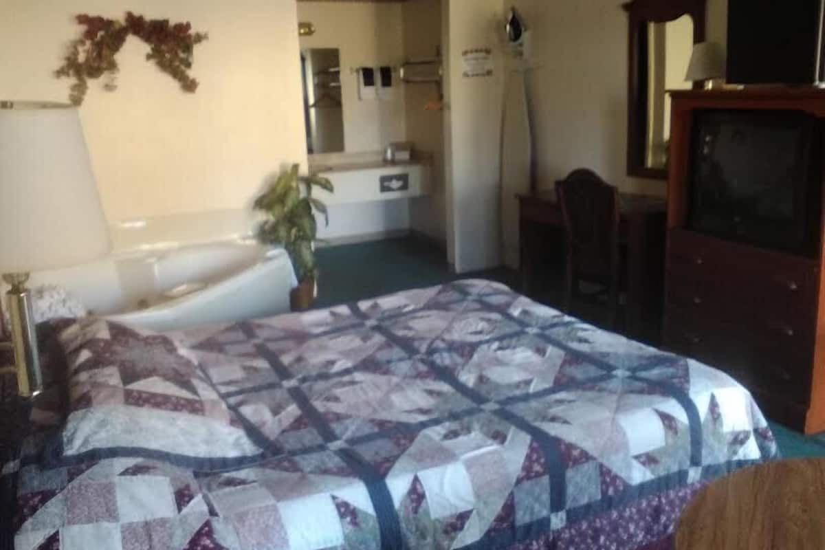 A bedroom with a bed, a dresser, a chair, a mirror, and a television.