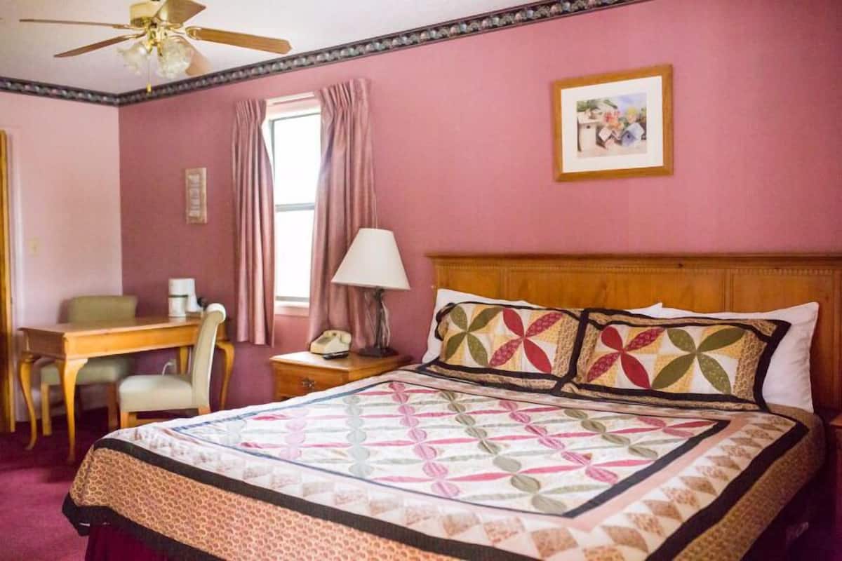 A hotel room with a bed, a desk, a chair, a nightstand, a lamp, a ceiling fan, and a picture on the wall.