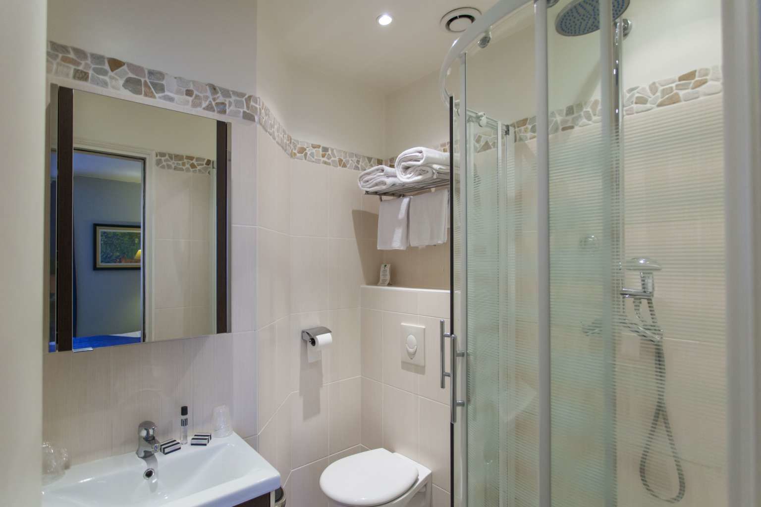 deluxe double room | bathroom | shower, free toiletries, hair dryer, towels