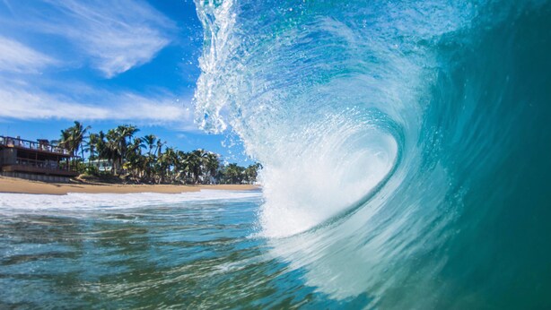 A beach with a large wave curling over the sand, palm trees, and a building with a balcony. - Tamboo Beside the Pointe (Rincon)