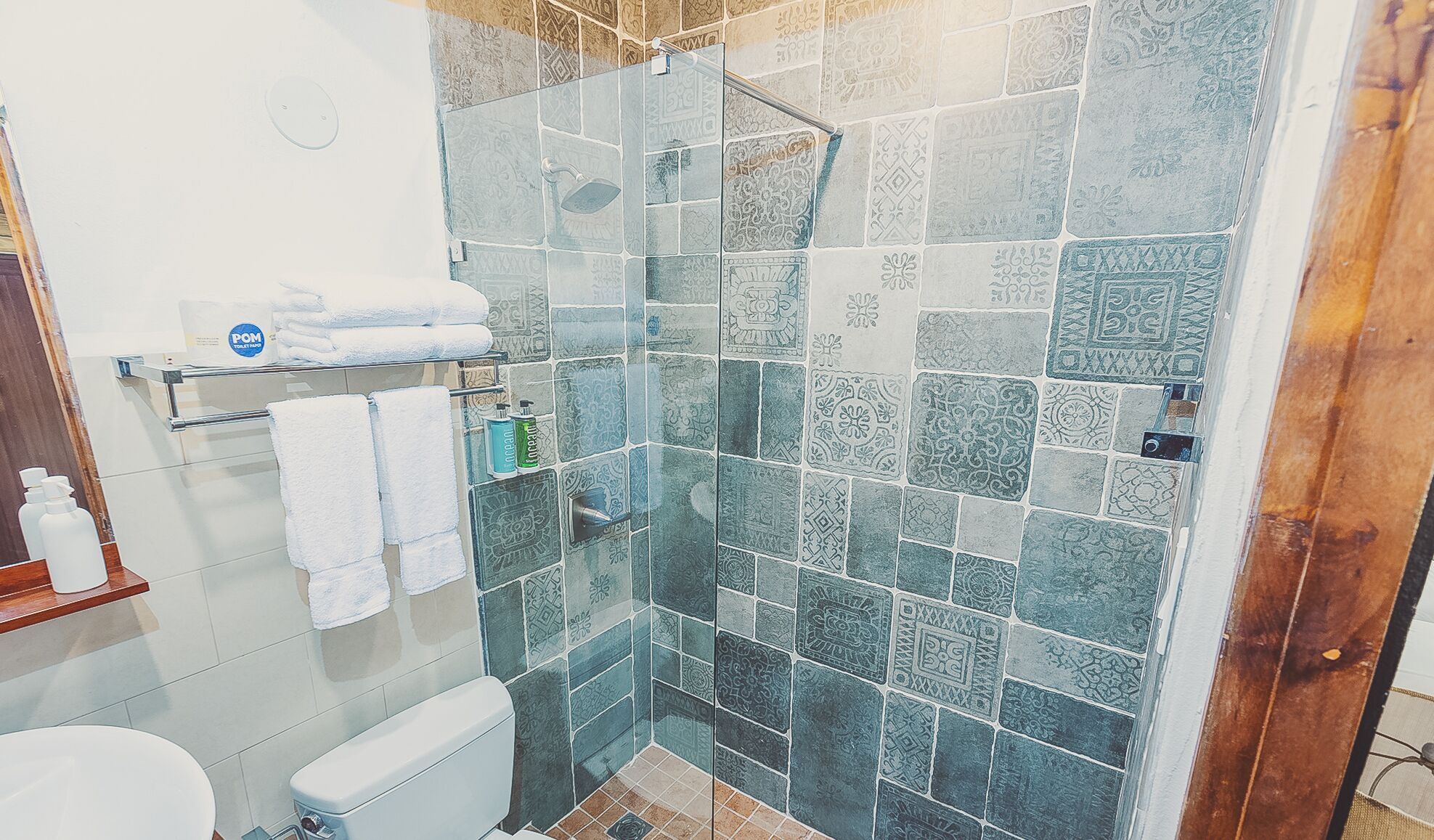A bathroom with a glass shower enclosure, a toilet, and a sink with a towel rack.