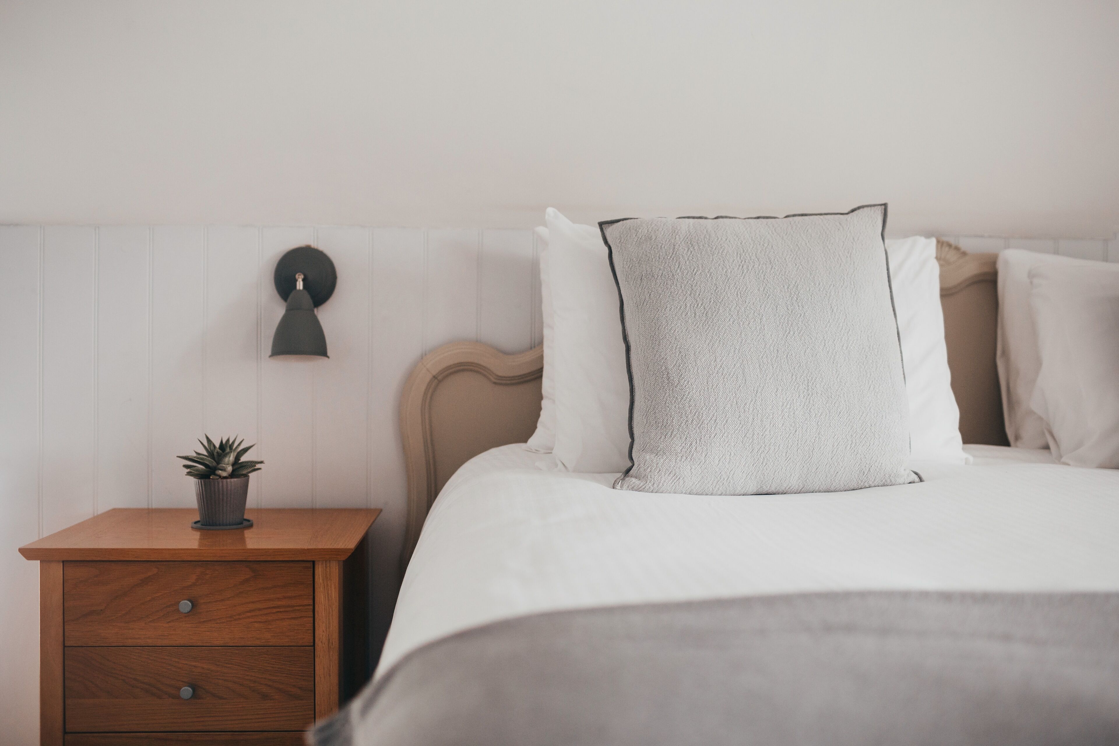 Una cama bien tendida con ropa blanca y una almohada gris, una mesita de noche con una planta pequeña y una lámpara fijada a la pared.