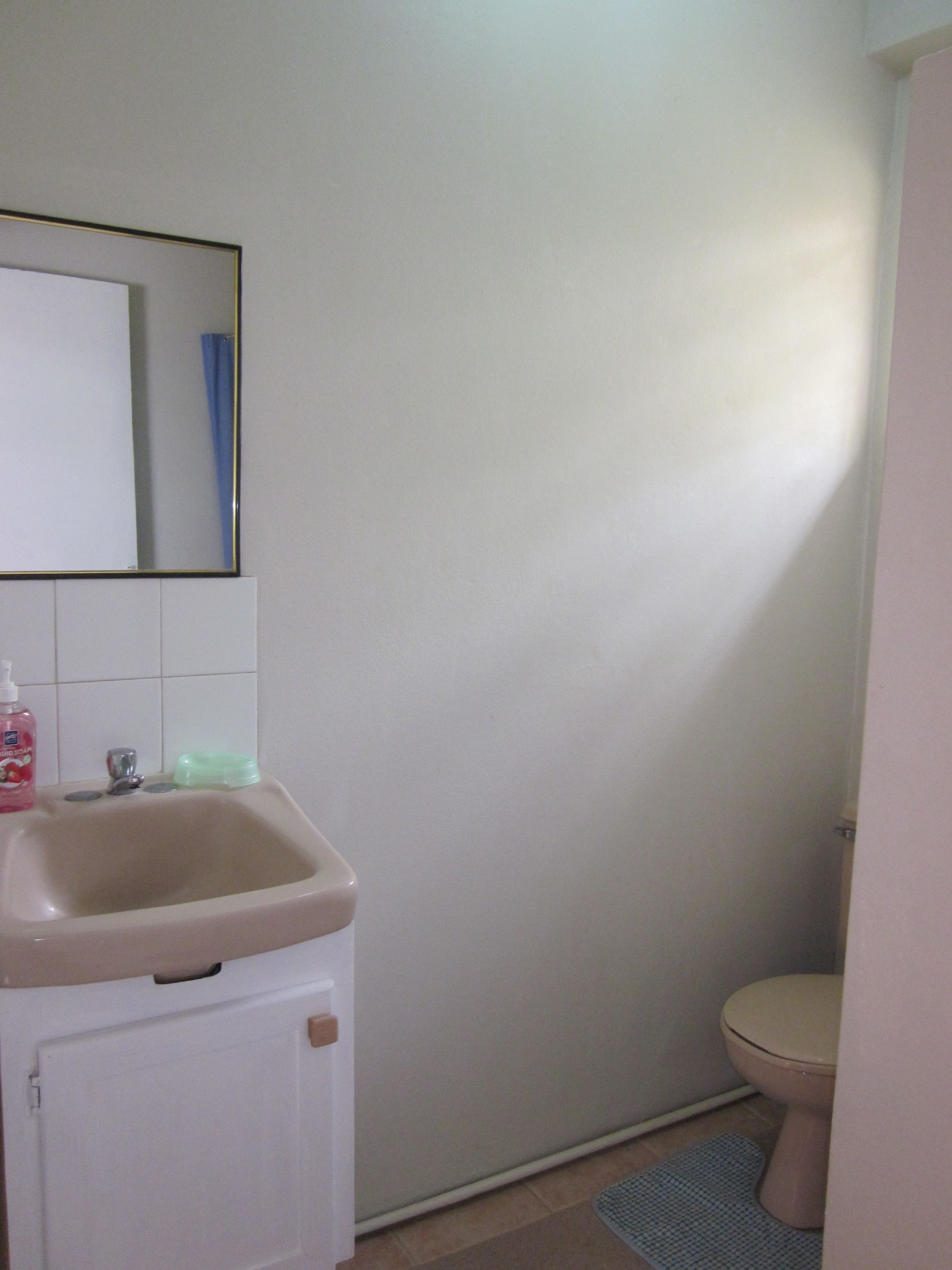 A bathroom with a sink, mirror, toilet, and a blue mat on the floor.