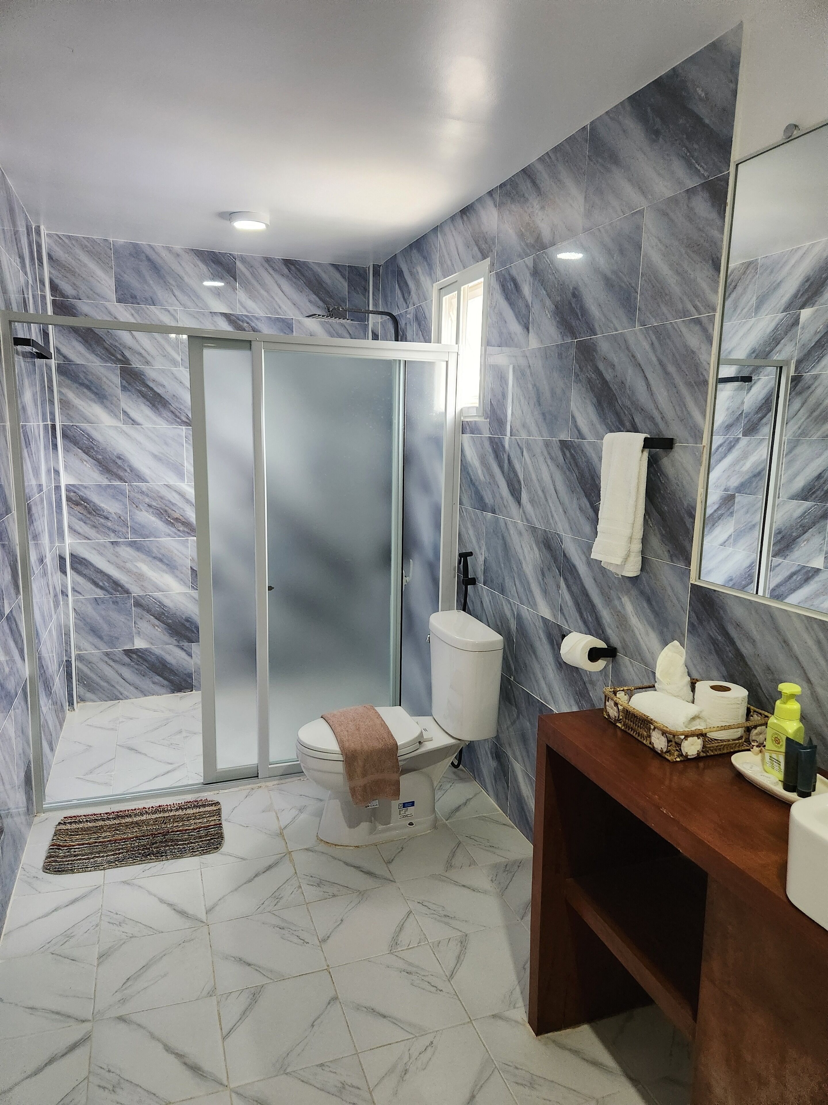 A modern bathroom with a shower, toilet, and vanity.