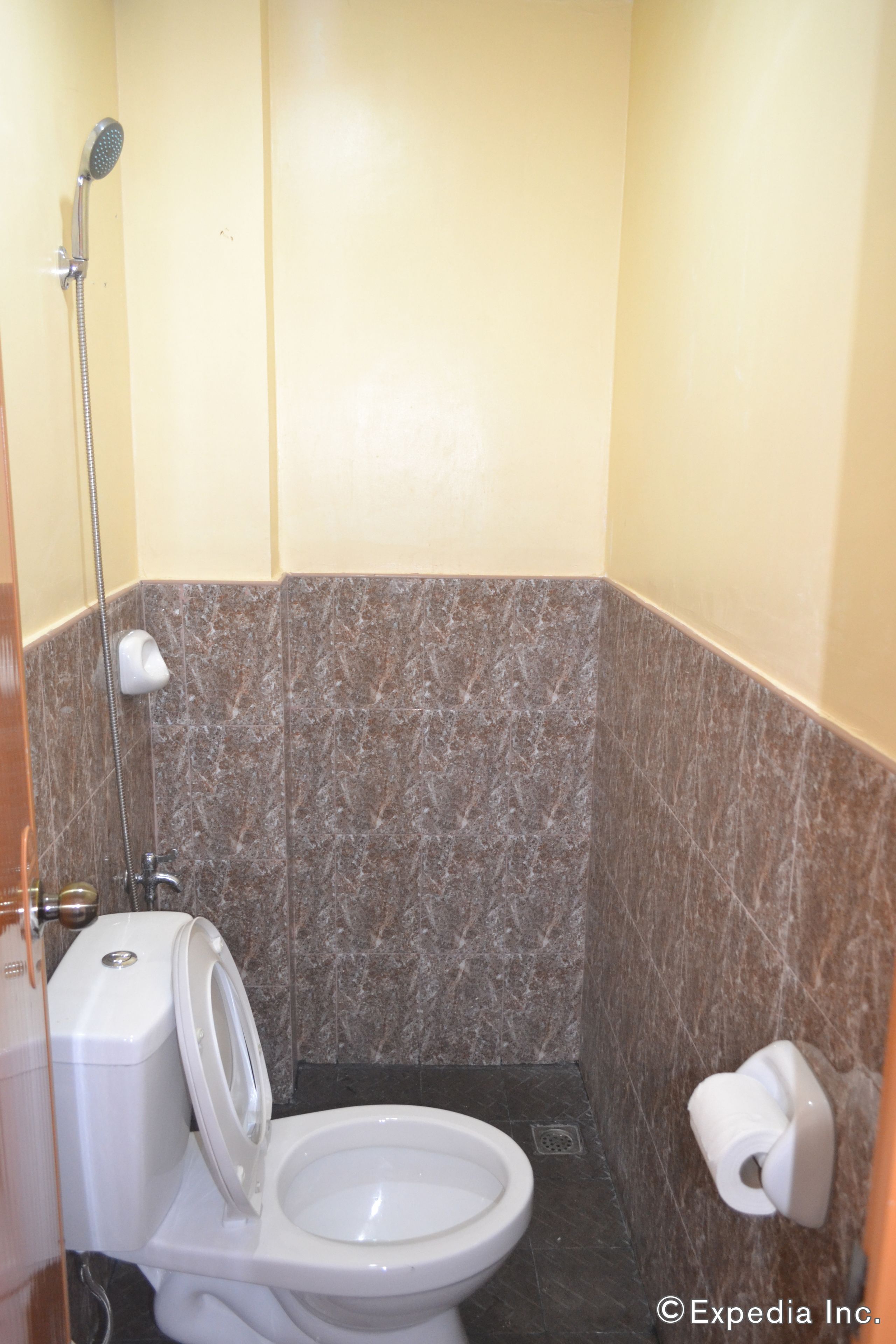 Un baño pequeño con inodoro, ducha y pared de mármol.