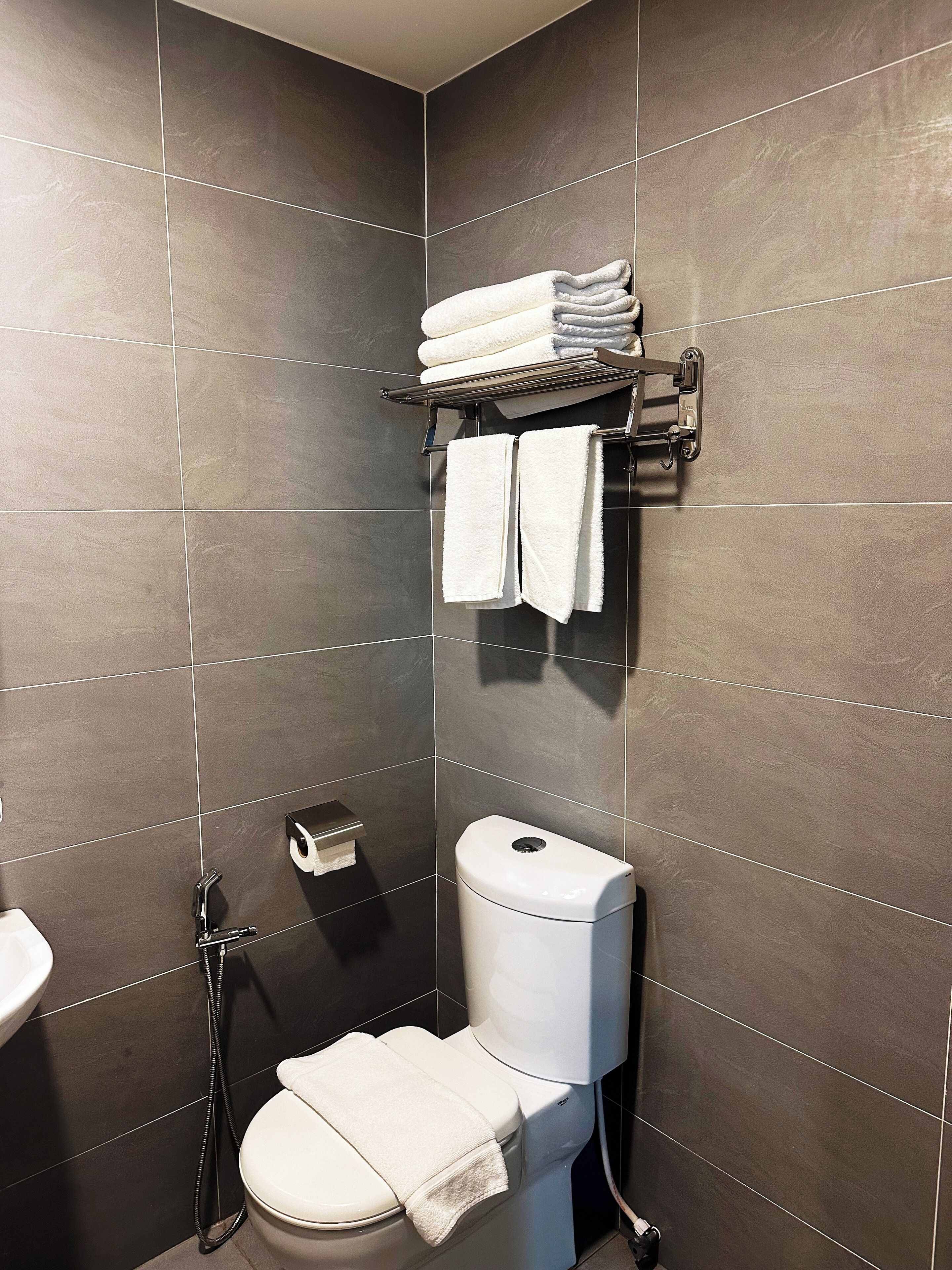 A bathroom with a toilet, a towel rack with folded towels, and a toilet paper holder.