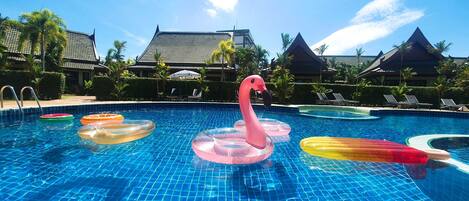 Outdoor pool, pool umbrellas, pool loungers