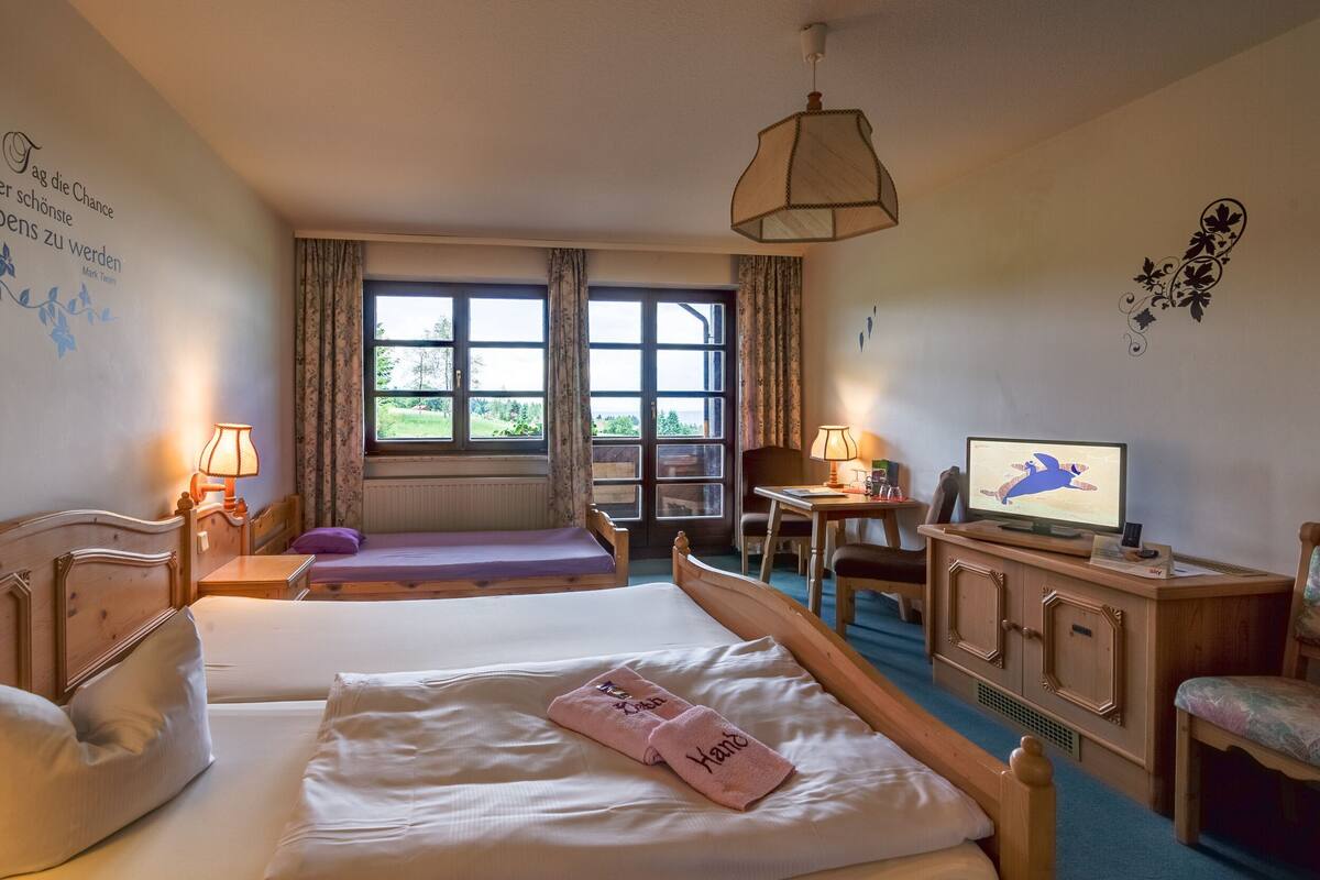 Habitación de hotel con dos camas, televisión, escritorio y vista al exterior.