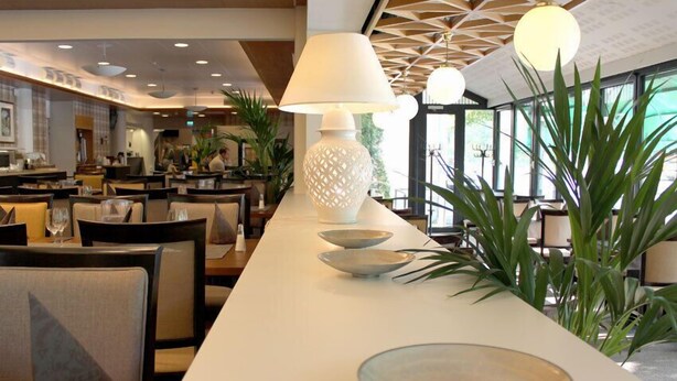 Un restaurante moderno con una barra larga, lámparas de mesa blancas y plantas en macetas.