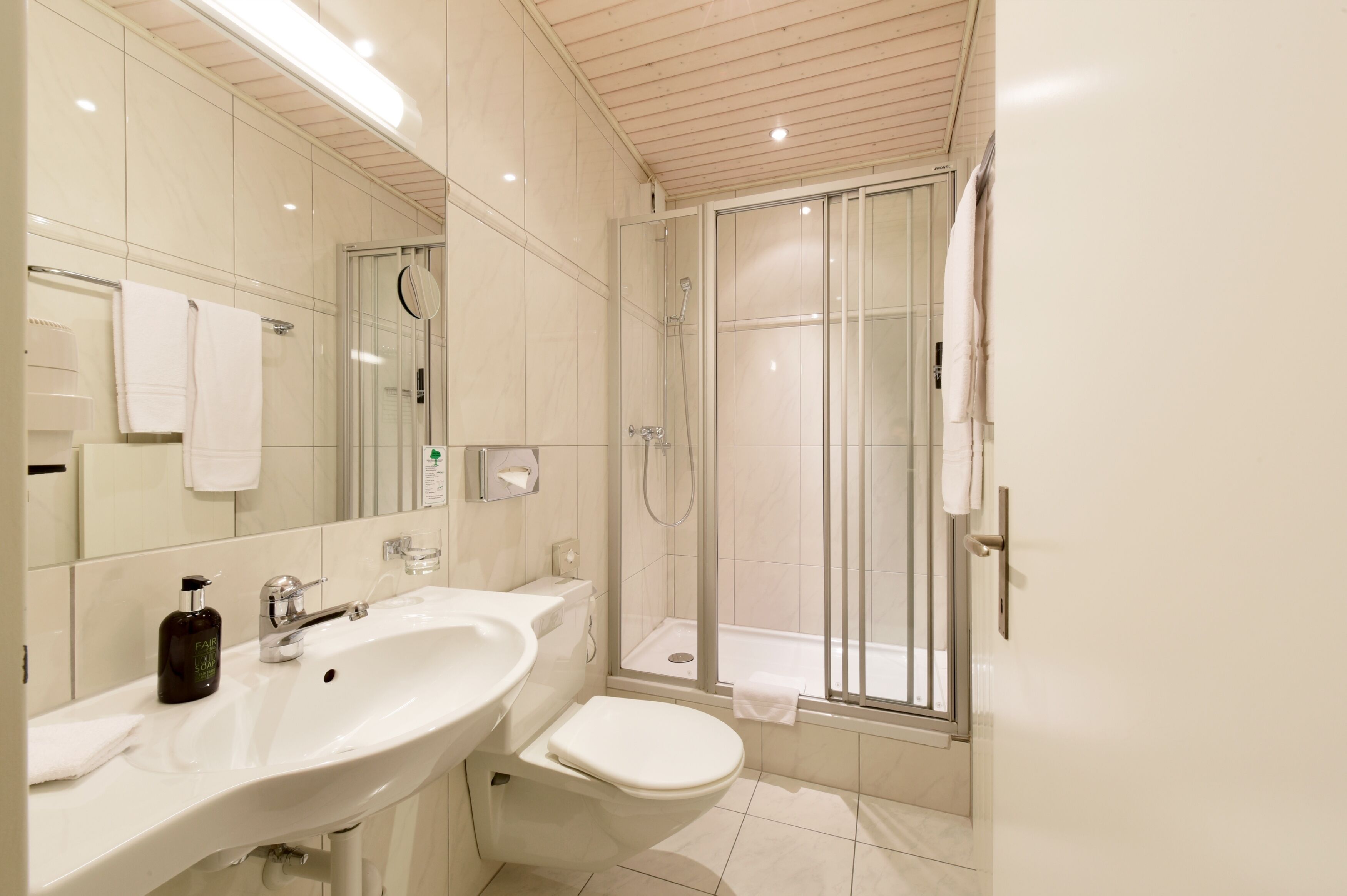 hair dryer, towels, soap, shampoo