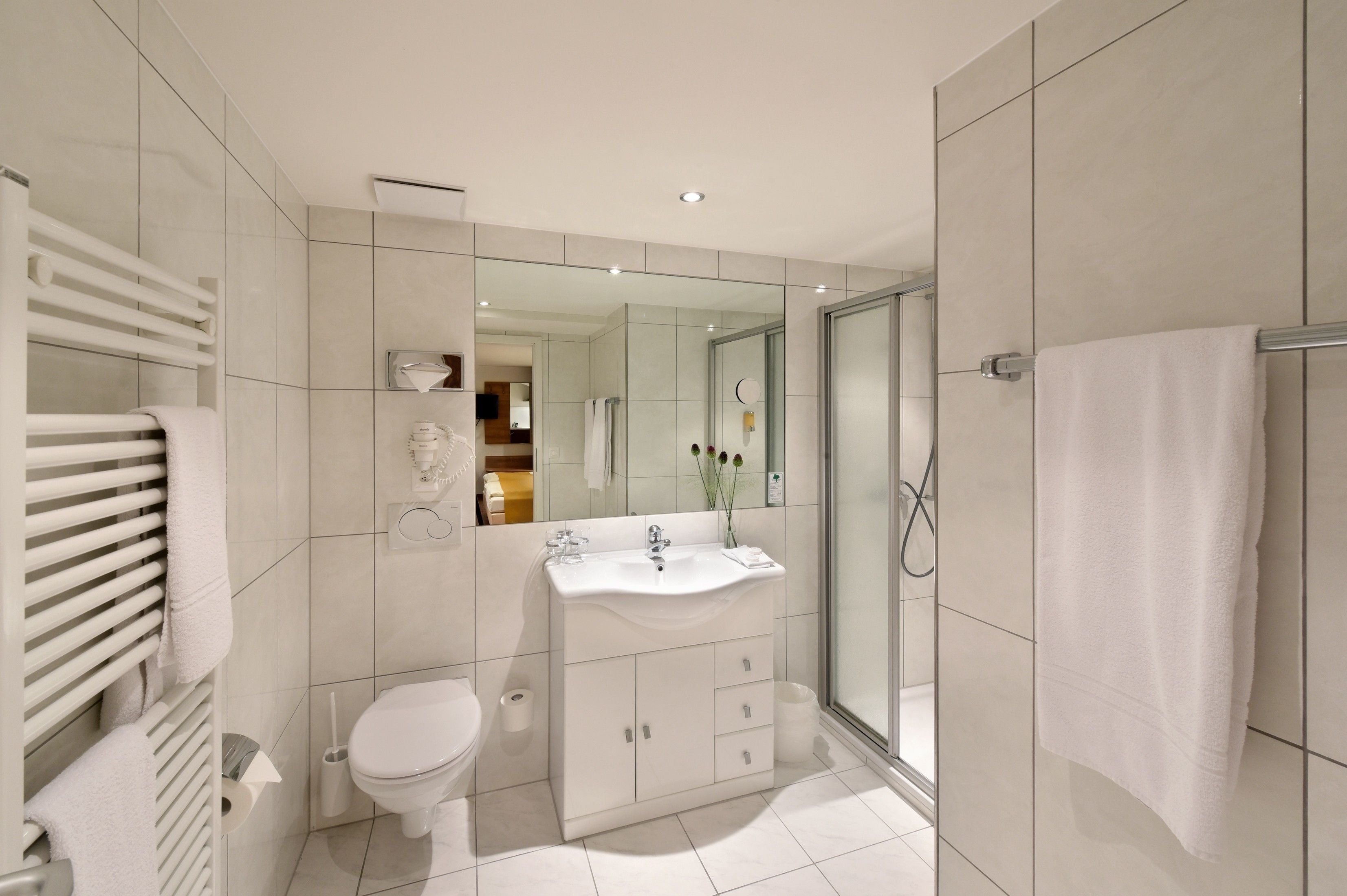 hair dryer, towels, soap, shampoo