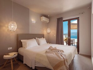 Apartamento luxo, 1 quarto, vista para o mar | Roupas de cama premium, camas Select Comfort, cofres nos quartos
